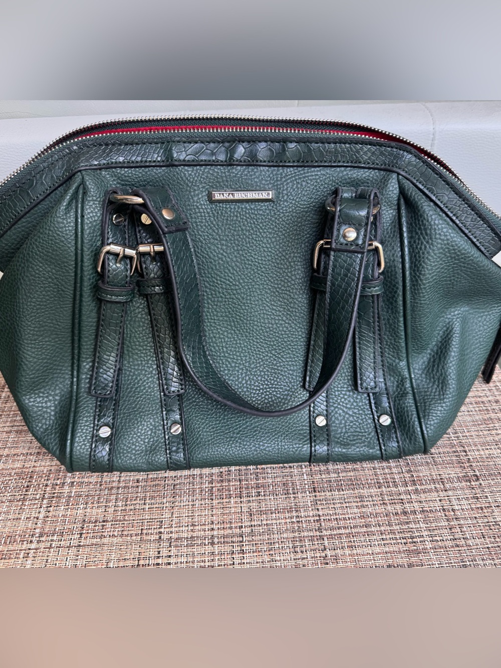 Dana Buchman Dark Green Leather Satchel with Textured Trim